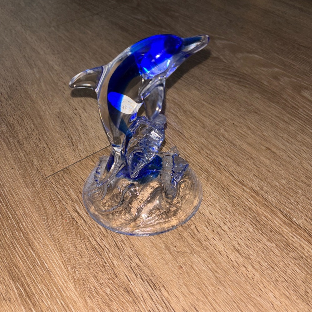 Cristal d’ Arques Cobalt Blue & Clear Lead Crystal Dolphin & Waves, France, 6”